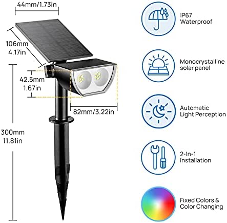 Linkind 12-LED Solar Spotlights RGB with Adjustable Solar Panel, 2-in-1 Solar Powered Colour Changing Outdoor Garden Lights, 350LM Dusk-to-Dawn IP67 Waterproof, Christmas Decorations, 2 Pack