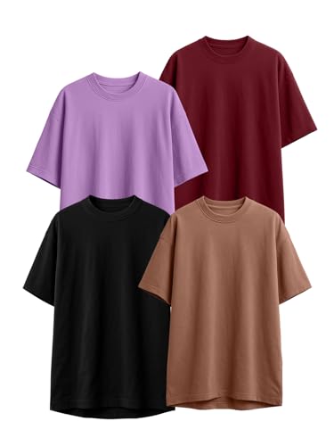 Image of Veirdo 100% Pure Cotton Oversized Loose Fit Half Sleeve Solid Core Round Neck Multicolor T-Shirt Combo for Men & Boys (Pack of 4)