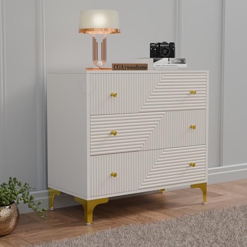 Image of WOODZONE Chest of Drawers for Home, Bedroom & Living Room | Wooden 3 Drawer Storage Cabinet & Clothes Organizer Dresser with Textured Front & Metal Legs | HDMR (Warm White)