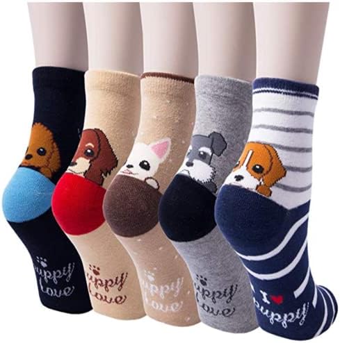 KingYue 5 Pairs Womens Cute Funny Socks, Girls Novelty Casual Cotton Crew Animal Dog Cat Socks, Fun Cartoon Floor Socks for Ladies, Size 4-8