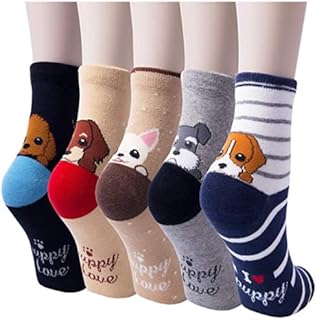 KingYue 5 Pairs Womens Cute Funny Socks, Girls Novelty Casual Cotton Crew Animal Dog Cat Socks, Fun Cartoon Floor Socks for Ladies, Size 4-8