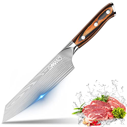 OMMO Chef Knife 8 Inch, Kitchen Knife, High Carbon Steel Japanese Knife for Meat Cutting, Sharp Cooking Knife with Ergonomic Handle for Home & Restaurant-Brown