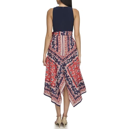 Image of Vince Camuto Women's Sleeveless High Neck Tie Waist Handkerchief Midi Dress