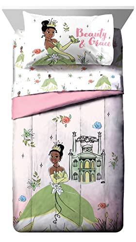 Image of Disney Princess Tiana Twin Comforter Set 5 Piece Kids Bedding, Pink | Bed in a Bag, Comforter Sheets Sham Pillowcase, Soft Microfiber, Machine Washable, Girls Gift