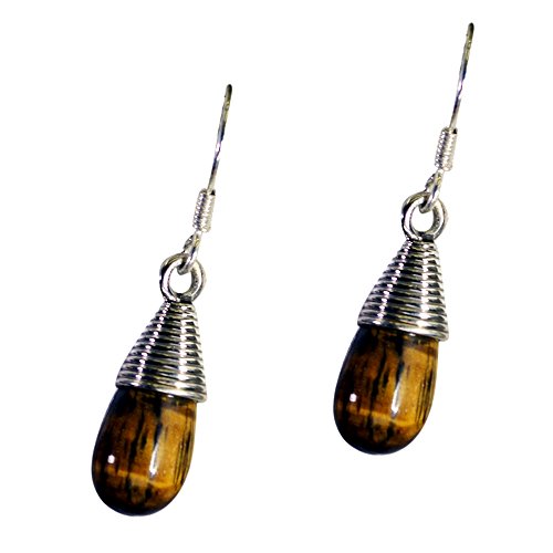 Pendientes de gota de ojo de tigre real plata de ley 925 forma ovalada