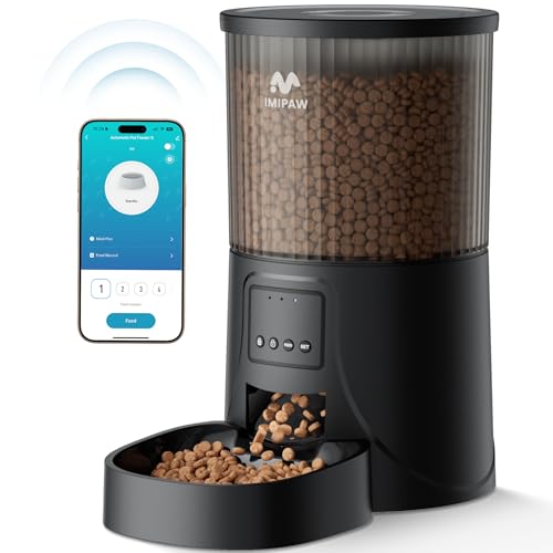IMIPAW Distributore Automatico Cibo Gatti, Controllato da APP, 2.4G | 5G WiFi Alimentazione a Distanza, 10 Pasti al Giorno, 4L Dispenser Cibo Secco per Animali Di Piccola e Media Taglia (Nero, 4L)
