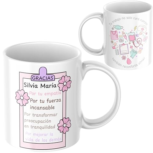 Quodelo Taza Enfermera Personalizada con Nombre de Cerámica AAA, Apta para Lavavajillas, Regalo de Agradecimiento para Sanitarios y Auxiliares, Tazas Originales para Profesionales de la Salud