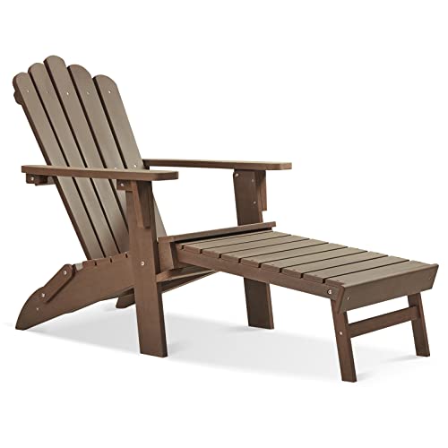 Efurden Adirondack Chair With Retractable Ottoman, Folding Adirondack Chair With Footrest, All Weather Poly Lumber Fire Pit Chair With Ottoman, All Weather Chair For Outdoor Brown #TOP23