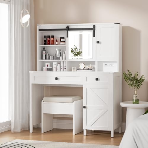 Farmhouse Vanity and Vanity Stool Makeup Vanity Mirror with Lights Built in Power Strip with 2 Silent Sliding Drawers Storage Cabinets2 Storage Shelves Vanity for Bedroom White