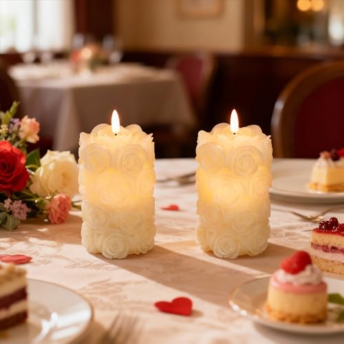 Image of LUSHARBOR Rose Flameless Candles with Remote, Battery Operated Candles Rose Flower for Valentine's Day LED Pillar Candles Battery Powered for Mother's Day & Weddings, Set of 2 Ivory