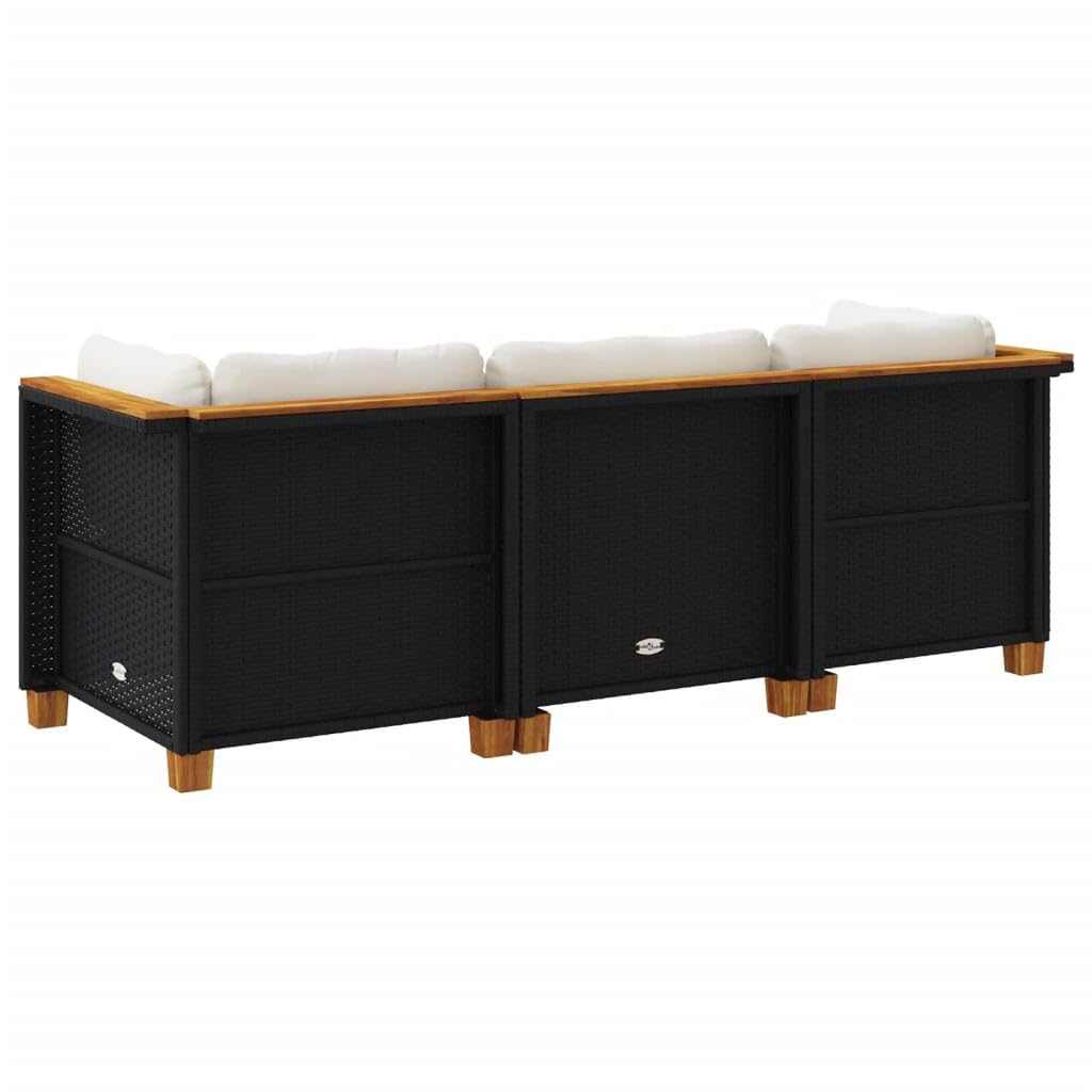 Sofá Jardín de Ratán de 3 Plazas, Sofá Exterior Negro Modular con Cojines Acolchados, Dimensiones 190.5 x 63.5 x 62 cm