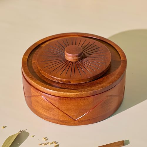 Image of Brick Brown Roule Wooden Masala Box with Lid | Hand-Carved Spice Box Organizer with 7 Stainless Steel Containers & Wooden Spoon | Solid Wood Masala Dani Spice Storage Box for Kitchen (8.3x4.3 Inch)