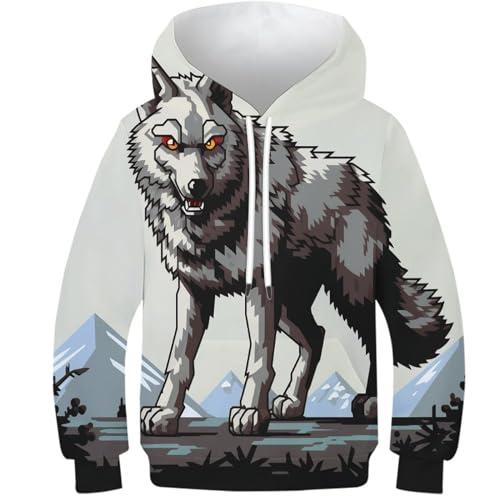 HEYLInUP Wolf Unisex Teen Boys Girls 3D Printed Hoodies Kids Sportswear Wildlife Funny Pullover Cool Funny Graphic Long Sleeve with Pockets Age 6-15 12-14Y