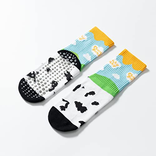 Yoga Pilates Socks with Grips for Women Non Slip Solid Graffiti Cushioned Crew Socks for Barre Ballet Dance (Cow)