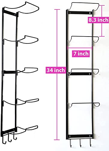 5-Tiers Yoga Mat Holder Wall Mount, Metal Storage Rack for Yoga Mat/Wheels, Foam Roller and Block etcs, Wall Rack Organizer with 3-Hooks for Hanging Stretching Strap & Resistance Bands（2 Pack） - Thumbnail 4