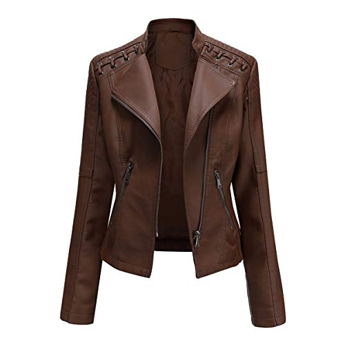 YYNUDA Veste Femme de Motard Vintage Blouson en Cuir PU Veste Moto Marron L