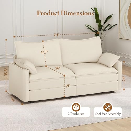 Image of Vesgantti 74 inch Loveseat Sofa for Living Room, Comfy Cloud Couch Deep Seat Chenille Modern 2 Seater Small Sofa with Armrest Pillow, Easy Assembly for Small Spaces, Beige
