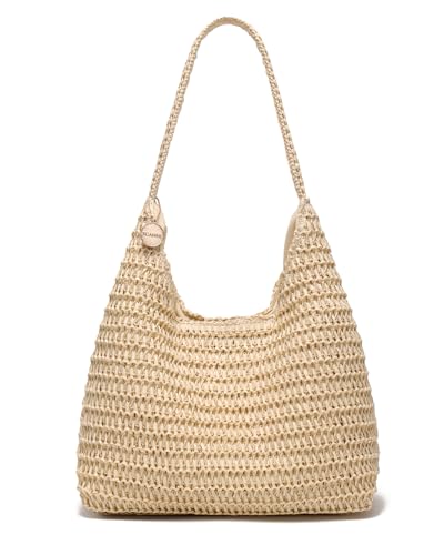 Image of SUANNI Beige Straw Beach Bag for women, Woven Tote Hobo Bags, Lightweight Casual Boho Summer Shoulder Handbag, Packable Mesh Everyday Purse for Holiday Shopping Travel