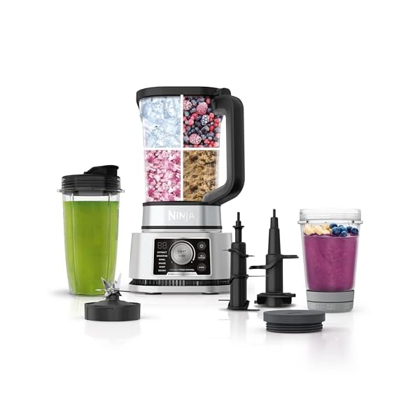 Ninja SS351 Foodi Power Blender & Processor System 1400 WP Smoothie Bowl Maker & Nutrient Extractor* 6 Functions for Bowls, Spreads, Dough & More, smartTORQUE, 72-oz.** Pitcher & To-Go Cups, Silver