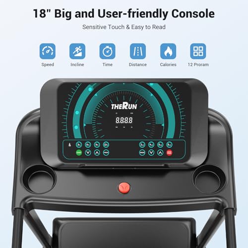 Image of THERUN Home Treadmill with Incline 15% Auto Adjust, 3.0 HP Treadmill with LED Strip, Heart Rate Monitoring Incline,16.5 inch Wider Running Belt
