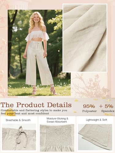 Women's High Waist Casual Palazzo Pants Drawstring Smocked Boho Wide Leg Beach Trousers Flowy Loose Fit Pant3