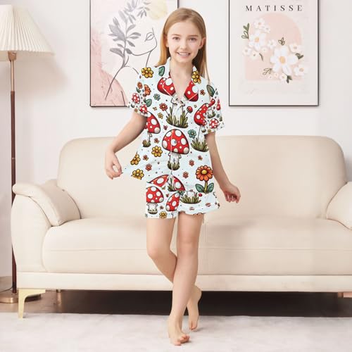 senya Fly Agaric and Flowers Satin Summer Pajama Sets Silk Short Sleeve Button Down Sleepwear4