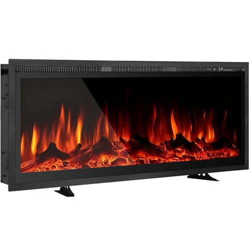 EROMMY Camino Elettrico Indipendente, Montaggio a Parete, Incasso, Effetto Fiamma a 9 Colori, Telecomando, 900W/1800W, Stufa Elettrica con Set di Cristalli e Ceppi (91.4cm)
