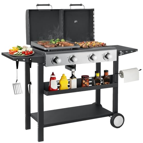 SKOK 4 Burner 3-in-1 Charcoal/Gas/Griddle Combo Outdoor Grill 331 Sq. In. Cast Iron Grate & Griddle Pan Propane Griddle Grill Combo for Outdoor Cooking Backyard Patio Camping
