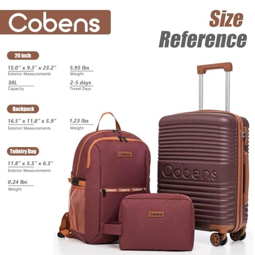 Image of Cobens Carry-on Luggage 22x14x9 Airline Approved, 3 Piece Luggage Sets, Red