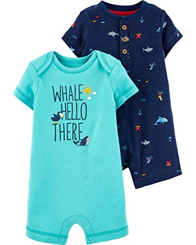 Carter's baby boy's 2 pack cotton romper creeper set (turquoise/d…