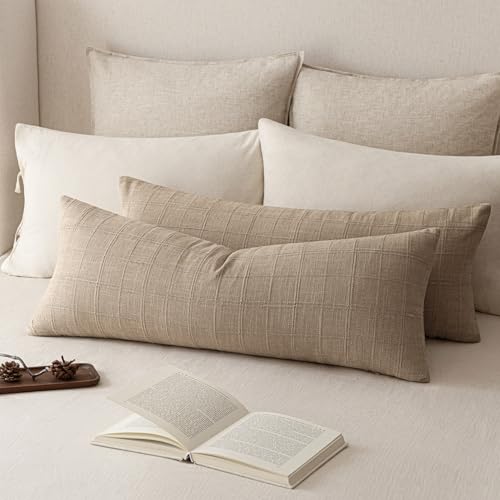 Image of Foindtower Set of 1 Decorative Linen Check Throw Pillow Cover Neutral Farmhouse Lumbar Cushion Cover Soild Modern Coastal Boho Home Decor for Sofa Chair Couch Bedroom Living Room,14x36 Inch,Camel