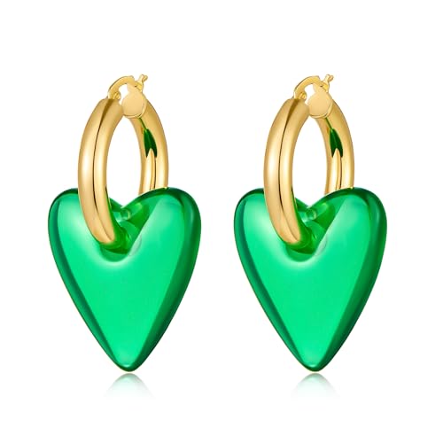 WOWORAMA Acrylic Resin Earrings for Women Green Red Heart Hoop Earrings Convertible Gold Chunky Hoops Lightweight Statement Dangles Earring