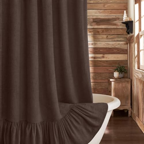 XOGUIBO Farmhouse Shower Curtain with Ruffle Hem Linen Flax Brown Shower Curtains for Bathroom Country Vintage Rustic Natural Fabric 72 W x 72 L