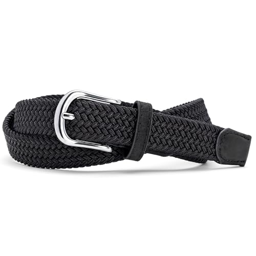 EsengNoyi Woven Stretch Ladies Belts for Jeans, Braided Elastic Belt, Black-Silver Buckle, S - 39" long for waist 29"-35"