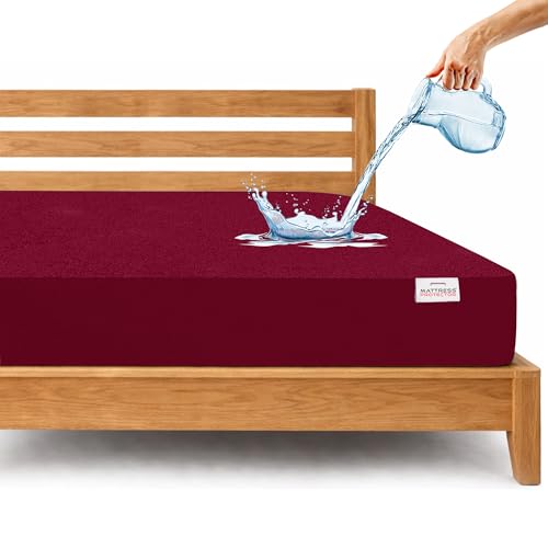 Image of Mattress Protector King Size | Ultra-Soft Luxury Feel Premium Cotton Waterproof Mattress Cover | Silky Soft, Antibacterial & Hypoallergenic | Fits Upto 10 inch Bed Cover - 6.5x6 Ft |78x72 in, Beetroot
