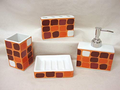 CONJUNTO 4 PIEZAS SOBREMESA BAÑO JUEGO SET DOSIFICADOR DISPENSADOR JABON JABONERA VASO PARA CEPILLOS PORCELANA CUADROS NARANJA
