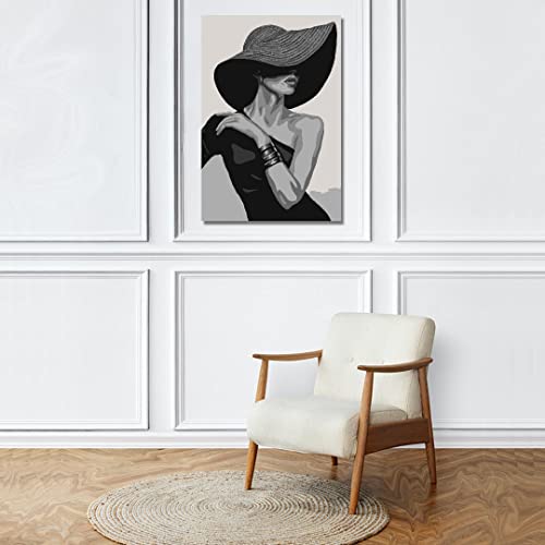 Image of RANGOLI 100% Cotton Stretched Canvas Painting 400 GSM, Framed Lady in Hat Abstract Wall Art for Living Room, 3D Paintings for Wall Decor (12 x 18 Inch With Frame)
