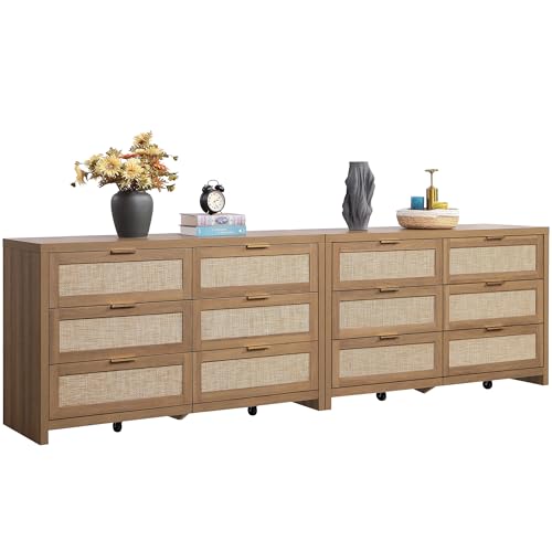 Image of SICOTAS Rattan Dressers for Bedroom Set 2, Large 6 Drawer Dresser Long Chest of Drawers, Dresser Farmhouse TV Stand for Bedroom, Living Room, Nursery, Closet (Reclaimed Caramel Oak, 2 Pieces)