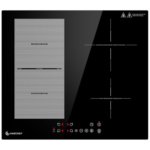 AMZCHEF Induktionskochfeld 60cm mit Flexzonen, 4 Zonen Induktionskochplatte mit Boost-Funktion und 9 Leistungsstufen, Pausenfunktion, Timer, Sicherheitsschloss, Überhitzungsschutz, BBQ, 7200W