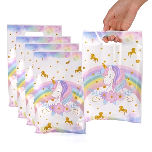 50 Pcs Unicorn Party Favor Bags with Handles - Plastic Treat Bags for Candy & Small Gifts Bulk Supplies for Wedding Baby Shower Goodie Bags Holiday Gift Bags for Thanksgiving Halloween Christmas New Years Birthday Party Decorations