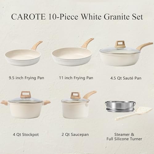 CAROTE Pots and Pans Set Nonstick, White Granite Induction Kitchen Cookware Set, 10 Pcs Non Stick Cooking Set w/Frying Pans & Saucepans(PFOS, PFOA Free)