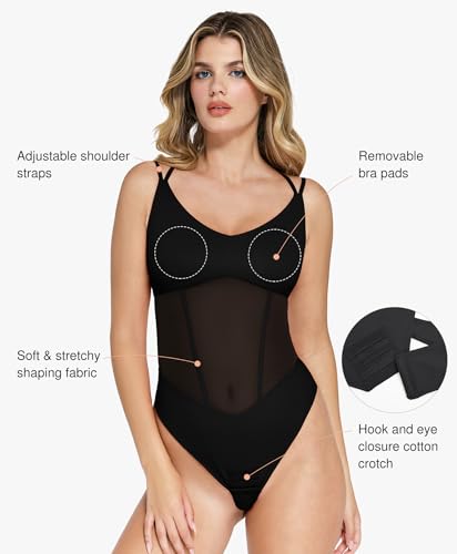 Popilush Women Mesh Shapewear Bodysuit Tummy Control Going Out Corset Tops Double Spaghetti Strap Body Suits3