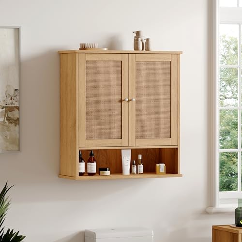 Reettic Rattan Two Door Wall Cabinet, Wooden Medicine Cabinet, Wall Mounted Bathroom Storage Cabinet with Inner Adjustable Shelf, for Bathroom, Kitchen, Entryway, Natural BMGZ103M - Image 3