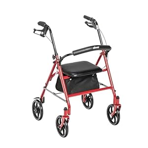 Drive Medical 10257RD-1 4 Wheel Rollator Walker With Seat, Steel Rolling Walker, Height Adjustable, 7.5″ Wheels, Removable Back Support, 300 Pound Weight Capacity, Red
