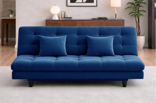 Image of Rosebell Modern Wooden 3-Seater Sofa Cum Bed Foldable Velevt Fabric Sofa for Living Room, Guest Room & Office-Blue-Color