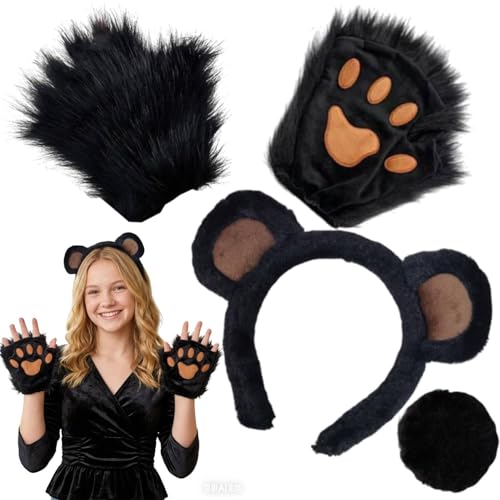 Kirei Sui 4-Piece Black Bear Ears, Tail and Paws Costume for Halloween Party Accessories Adult