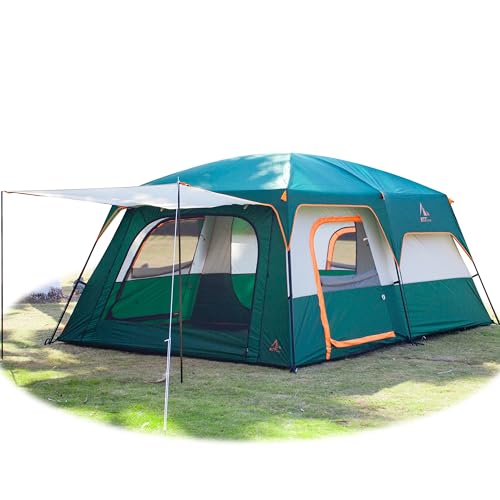 KTT Extra Large Tent 12 Person(Style-A),Family Cabin Tents,2 Rooms,Straight Wall,3 Doors and 3 Window with Mesh,Waterproof,Double Layer,Big Tent for Outdoor,Picnic,Camping,Family,Friends Gathering.