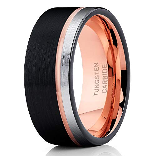 Rose Gold Tungsten Wedding Band Anniversary Ring Men & Women 8mm Black Tungsten Ring 18k Rose Gold Comfort Fit (6.5)