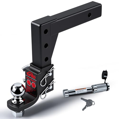 TOPTOW AdjustableTrailer Hitch Ball Mount with 2-inch Hitch Ball, 5-8 inch Hitch Lock, 10 inch Drop Max, Fits 2 inch Hitch Receiver, Matte Black