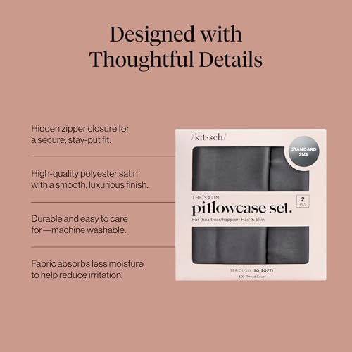 Image of Kitsch Satin Pillowcase with Zipper for Hair & Skin - Softer Than Silk Pillow Cases, Smooth Cooling Satin Pillow Case, Wrinkle-Free, Machine Washable, Pillow Cases Standard Size 19x26 - Charcoal, 2pc